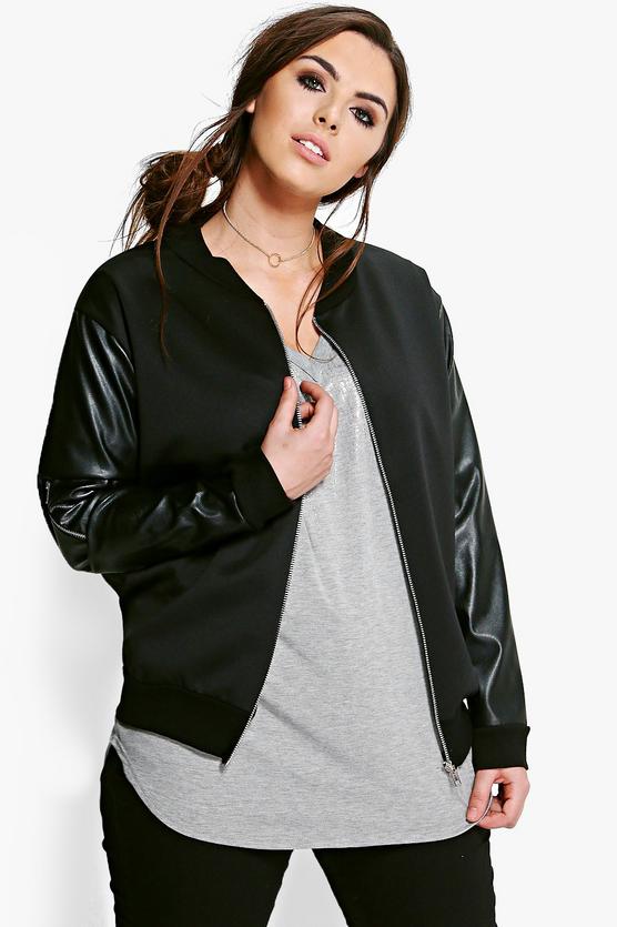 Plus Penny PU Sleeve Bomber Jacket